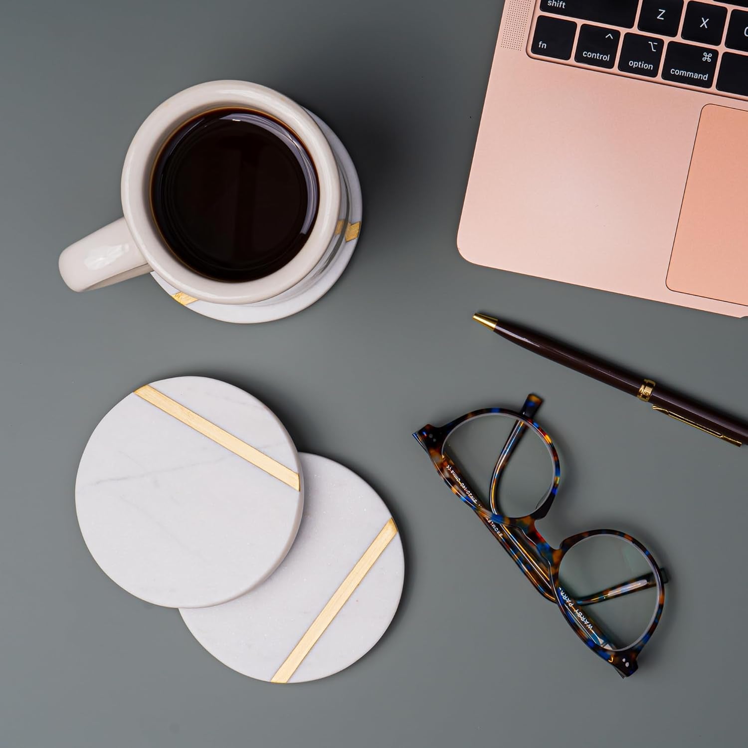 Marble Coasters Set of 6 - Luxury Aesthetic Modern Decor for Coffee Table- White Marble with Gold Brass Inlay
