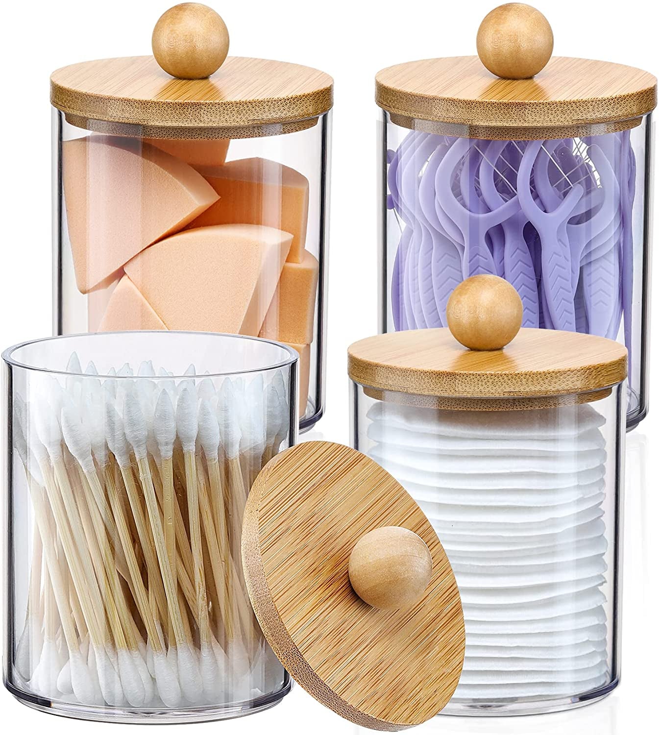 4 Pack Qtip Holder Dispenser with Bamboo Lids - 10 Oz Clear Plastic Apothecary Jar