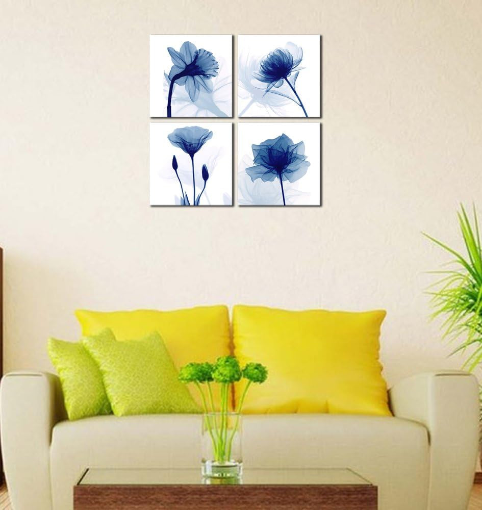 Large Blue Flickering Flower Modern Abstract Paintings Canvas Wall Art, 4pcs