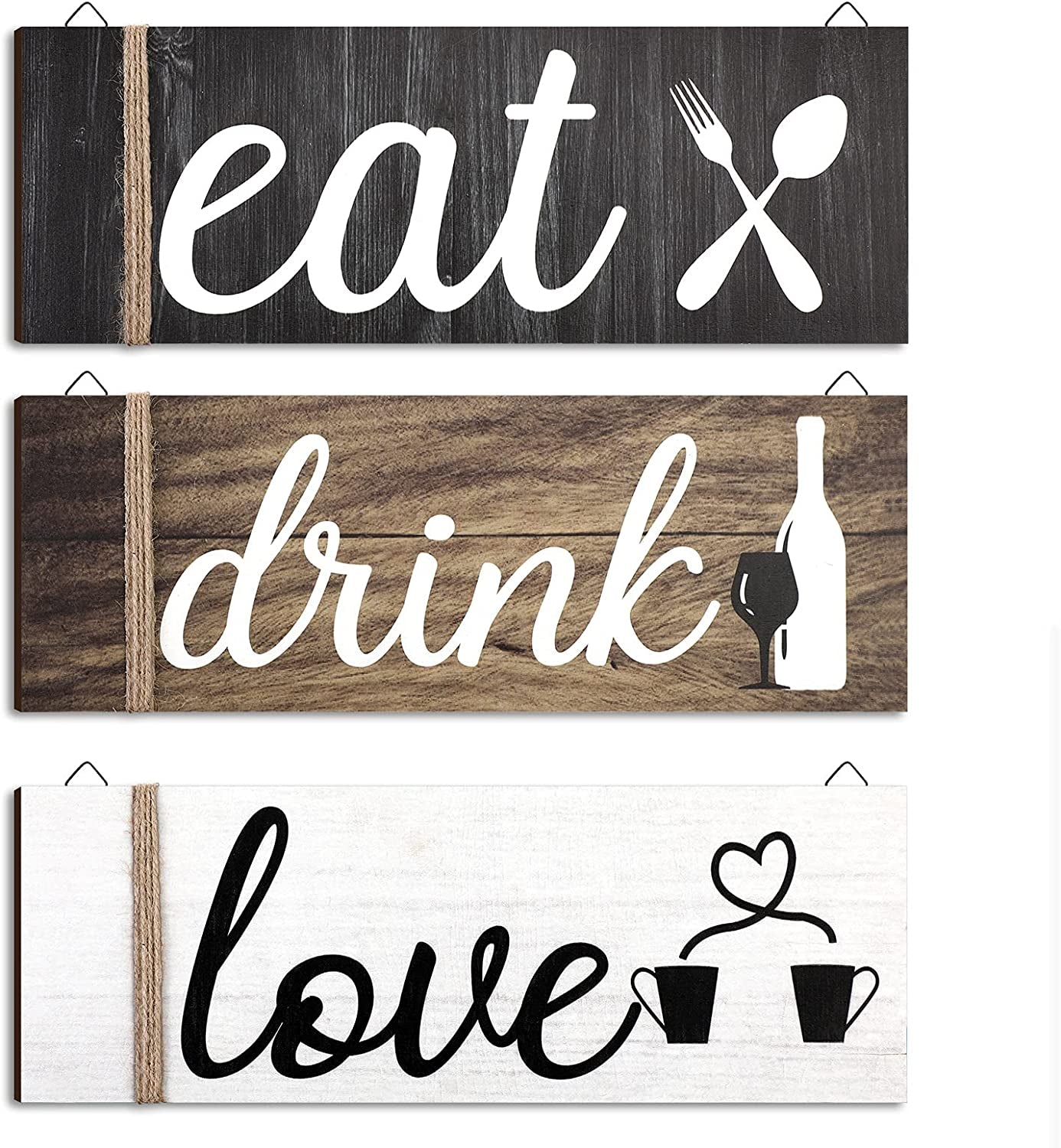 3 Pcs Farmhouse Kitchen Wall Decor Rustic Wooden Home Eat Drink Love Sign with Hanging Hole (Vivid Color)
