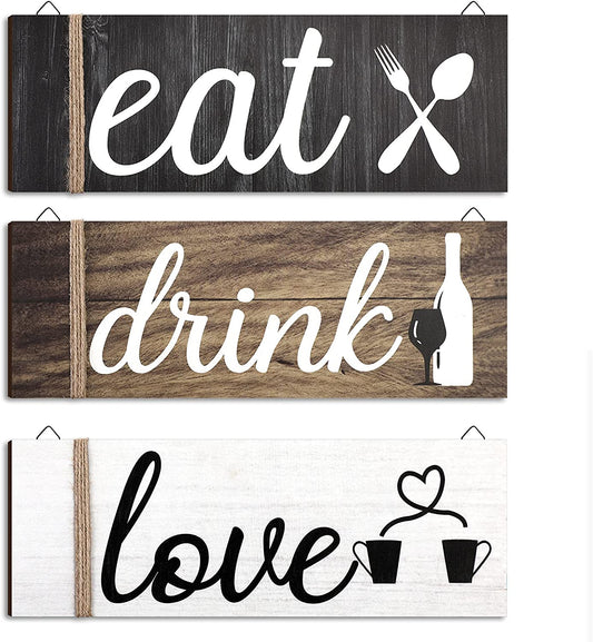3 Pcs Farmhouse Kitchen Wall Decor Rustic Wooden Home Eat Drink Love Sign with Hanging Hole (Vivid Color)