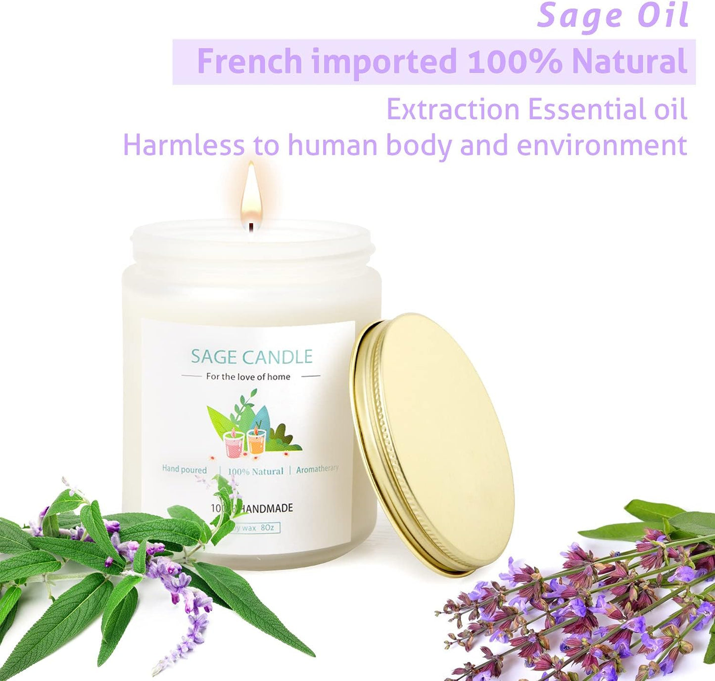 Sage Candle for Cleansing House, 8Oz 45 Hrs Soy Wax Sage Scented Candles for Home