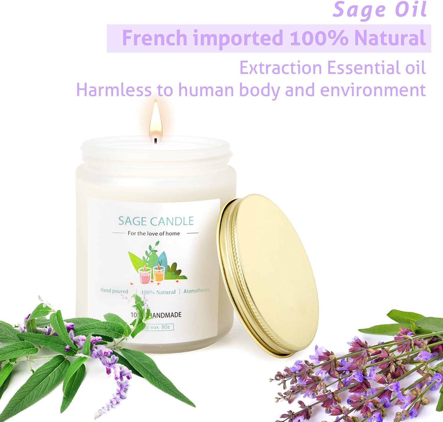 Sage Candle for Cleansing House, 8Oz 45 Hrs Soy Wax Sage Scented Candles for Home