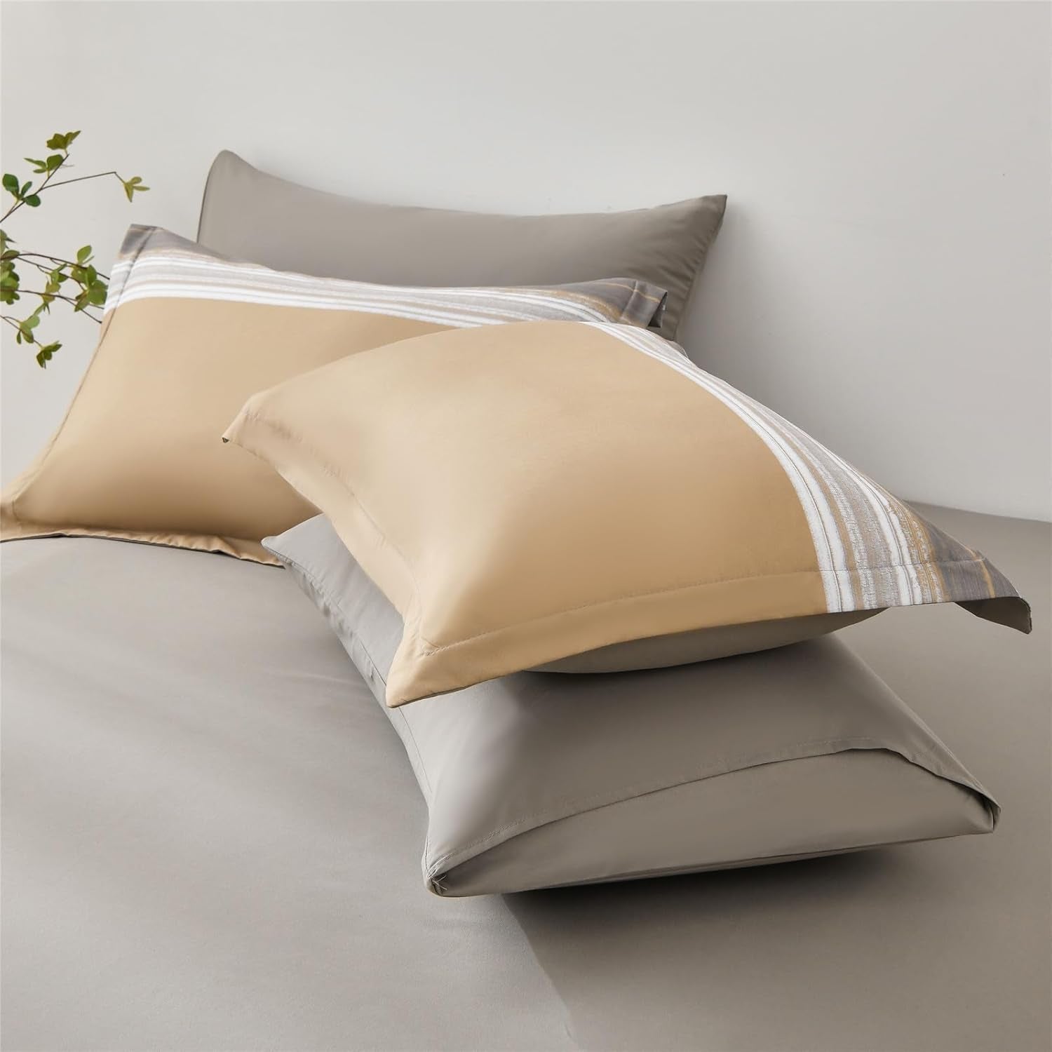 7 Piece Bed in a Bag Stripe Comforter Set Full Size, White Grey Khaki Striped Comforter and Sheet Set (Khaki,Full)