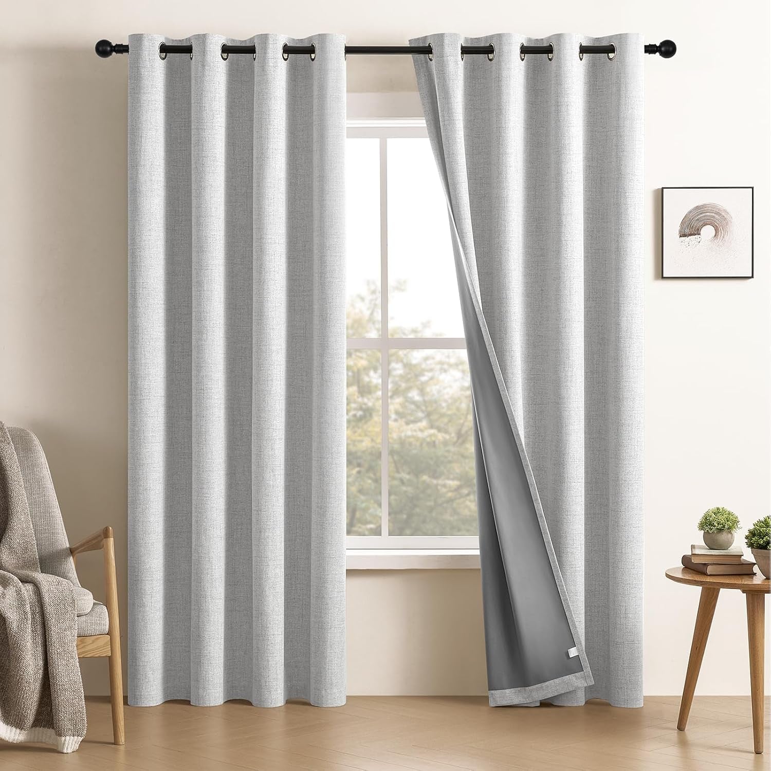 100% Blackout Window Curtains 84 Inches Long 2 Panels Set, Faux Linen Look (W52 X L84 Inch, White)