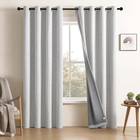 100% Blackout Window Curtains 84 Inches Long 2 Panels Set, Faux Linen Look (W52 X L84 Inch, White)