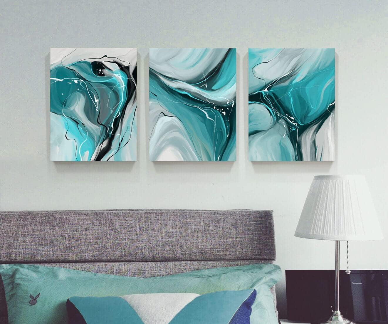 Modern Abstract Wall Art Canvas Prints, 3-Piece Teal and Gray Fluid Art, Contemporary Home Decor Wall Art, 12X16 Inch/Set of 3