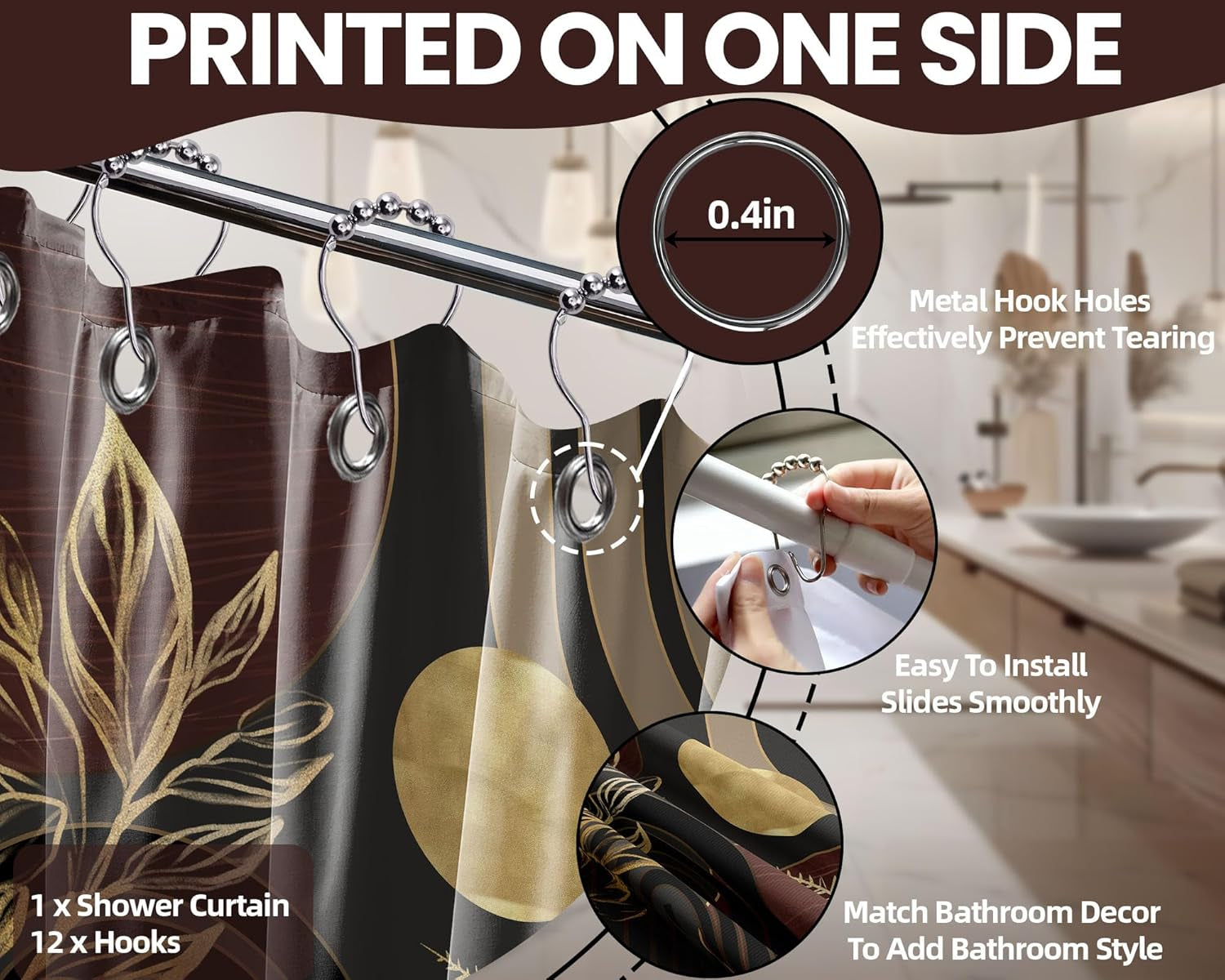 Dark Brown and Black Shower Curtain Boho Mid Century Gold and Brown Shower Curtains for Bathroom Decor, Waterproof Cloth Fabric with Hooks, 70" W X 72" L