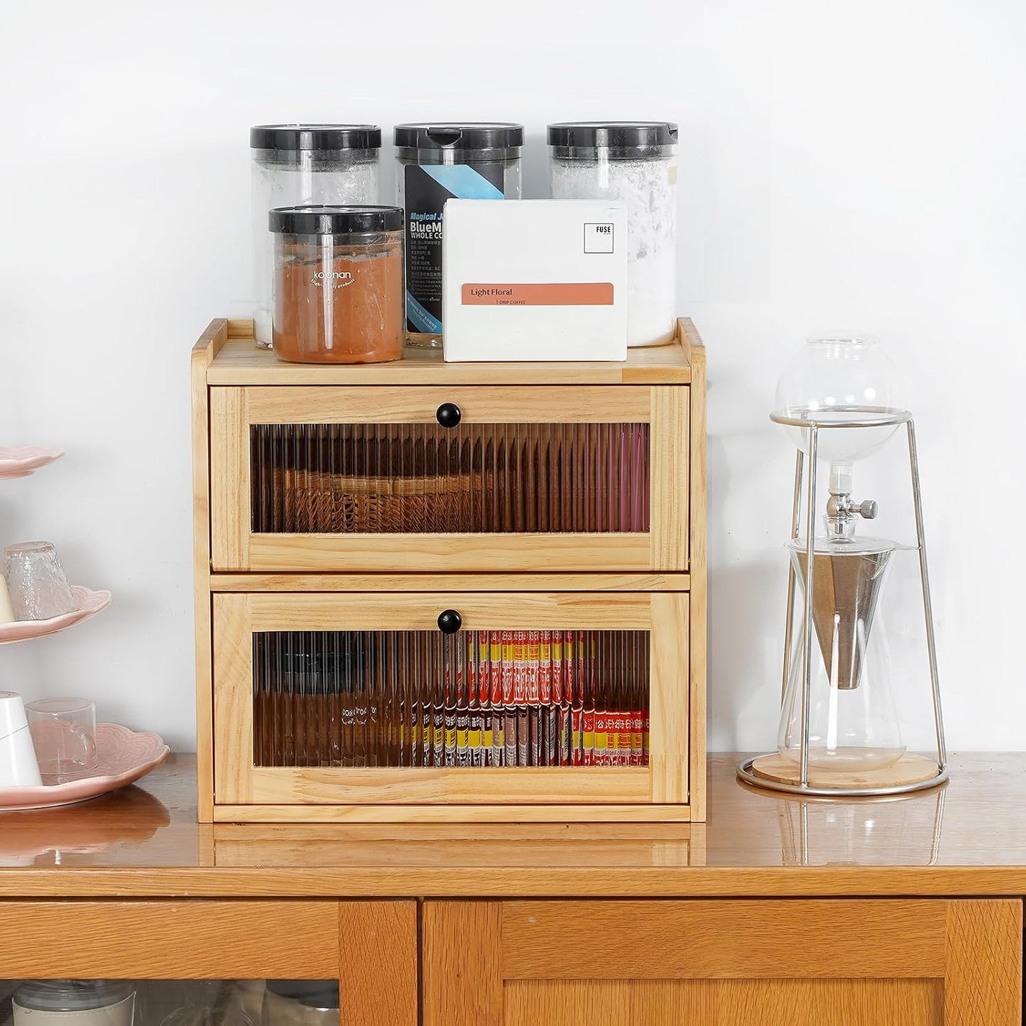 Large 2 Layer Bread Box for Kitchen Countertop, Wooden Bread Storage Container Bin (Wood Color)