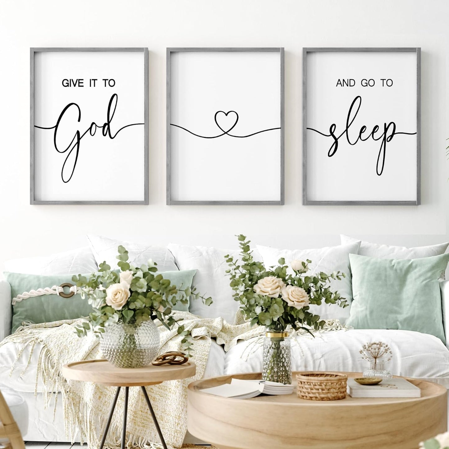 Give It to God and Go to Sleep Sign Set of 3 Wall Decor, Wood Framed (Gray, 11”X14”)
