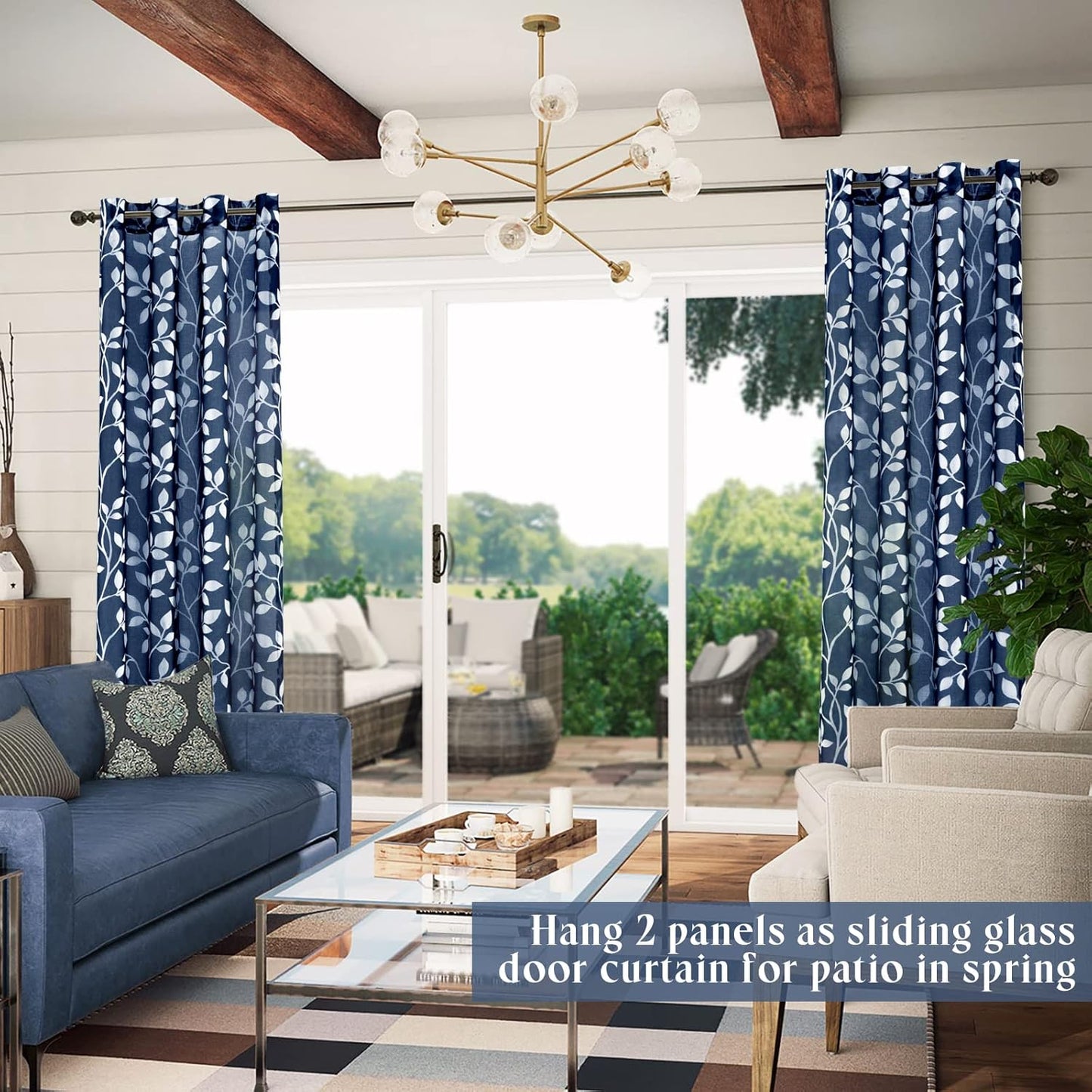 Navy Blue Pattern Curtains 84 Inch Length for Living Room 2 Panels Set,Leaf Floral Design Sheer Curtains