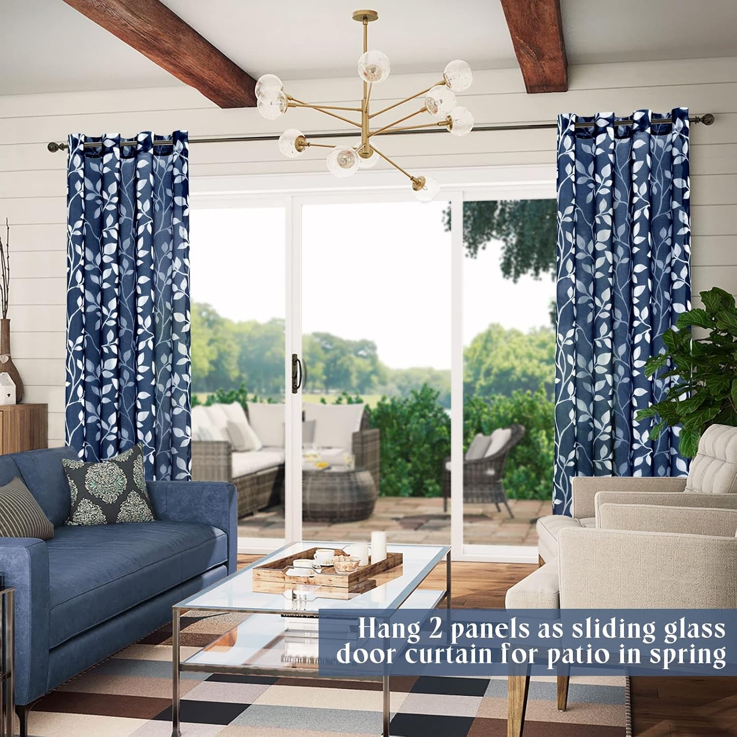Navy Blue Pattern Curtains 84 Inch Length for Living Room 2 Panels Set,Leaf Floral Design Sheer Curtains