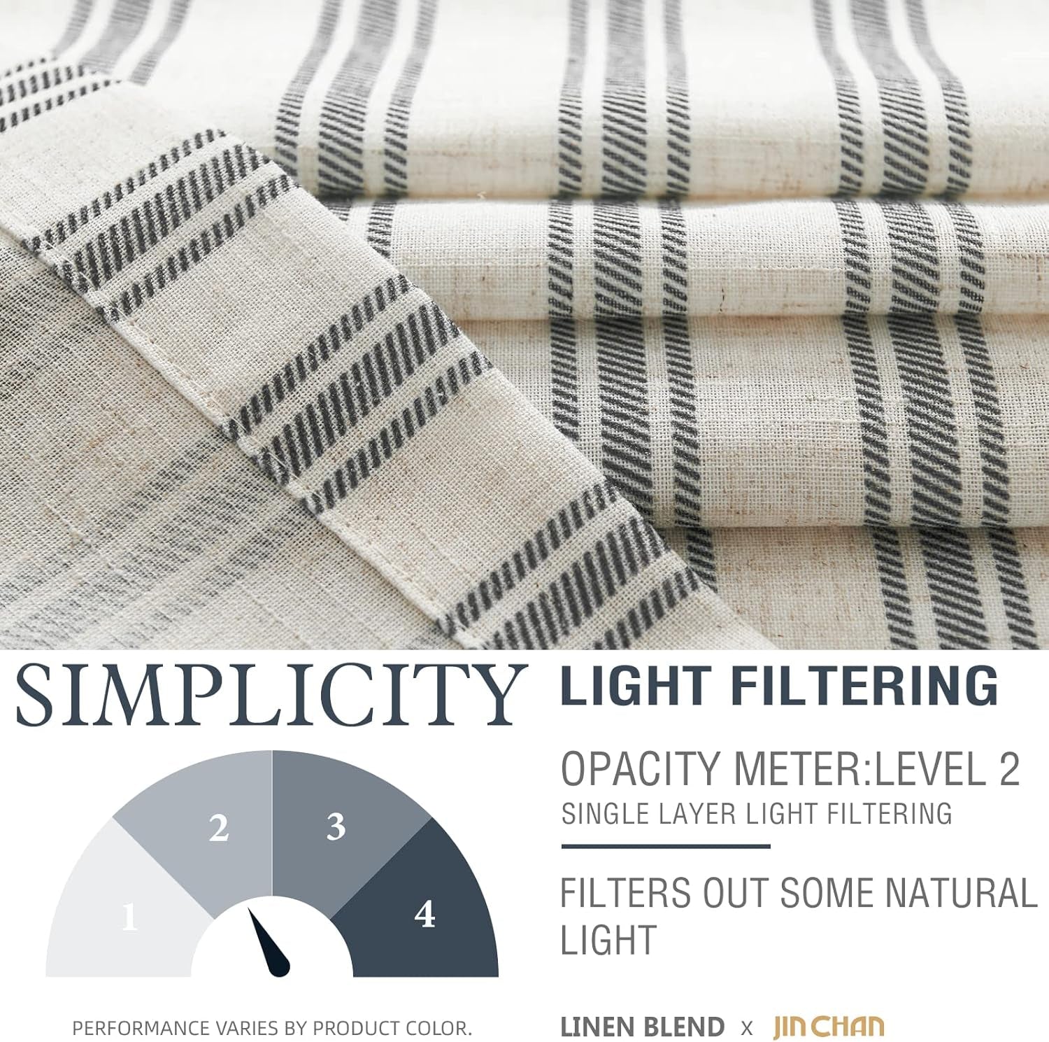 Linen Striped Kitchen Curtains 24 Inch Farmhouse Small Cafe Curtains Balanced Stripe Half Window, 2 Panels Black on Beige