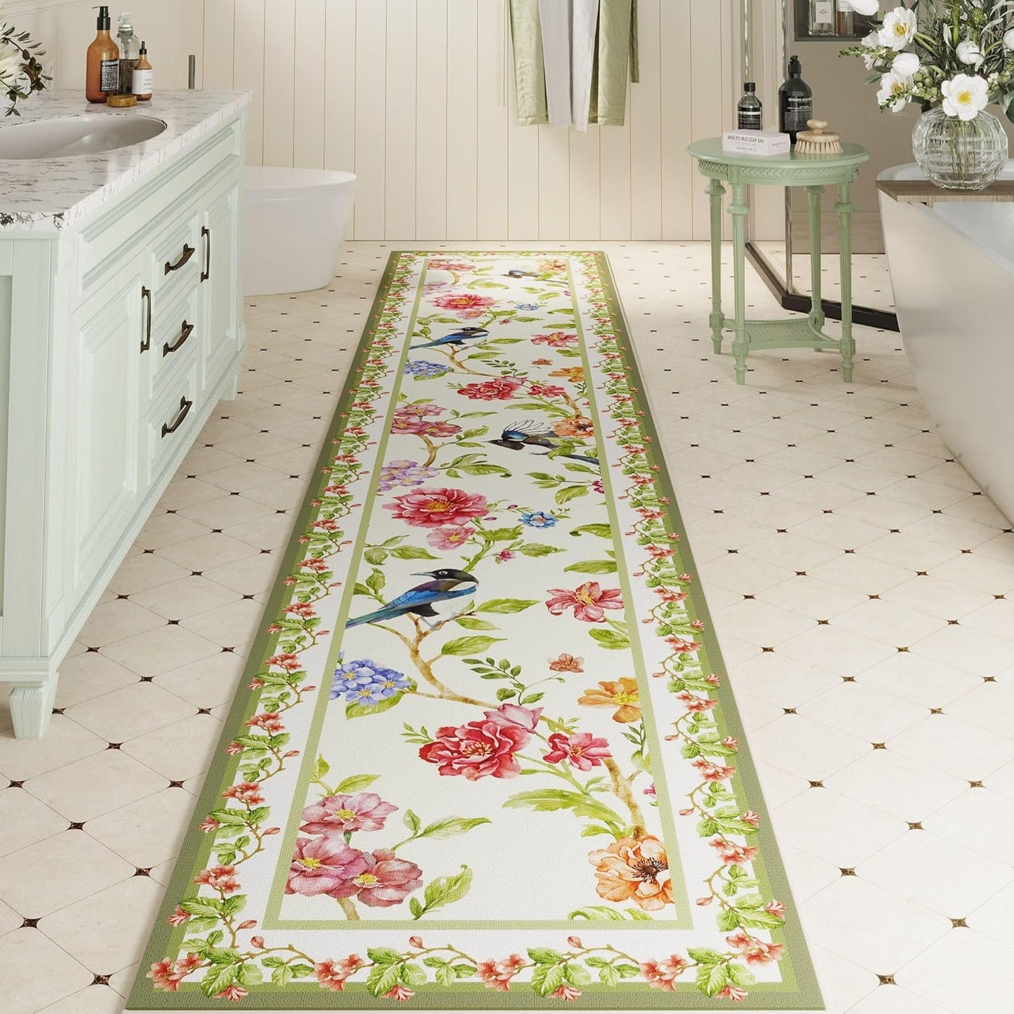 Runner Rug Non-Slip 2'X10' Long Washable with Rubber Backing, Soft Floral Bird Magpies Animal Carpet (White)