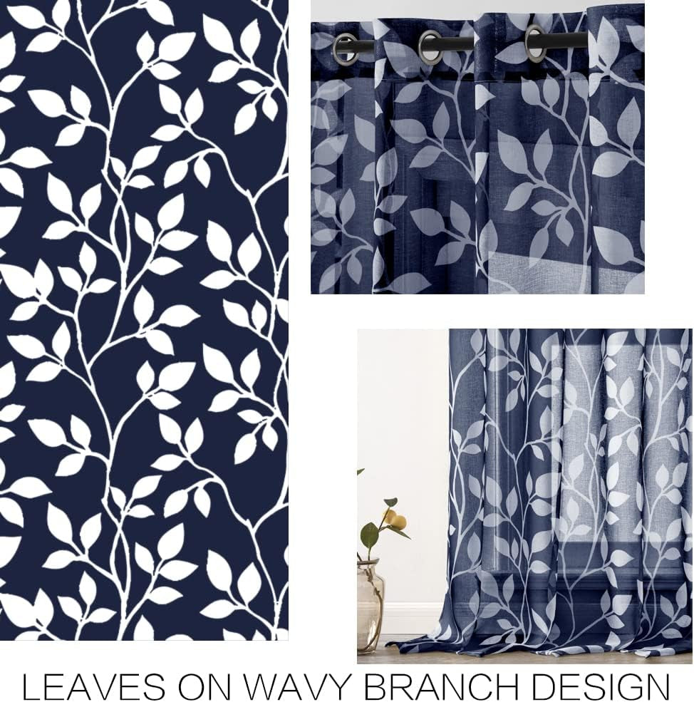 Navy Blue Pattern Curtains 84 Inch Length for Living Room 2 Panels Set,Leaf Floral Design Sheer Curtains
