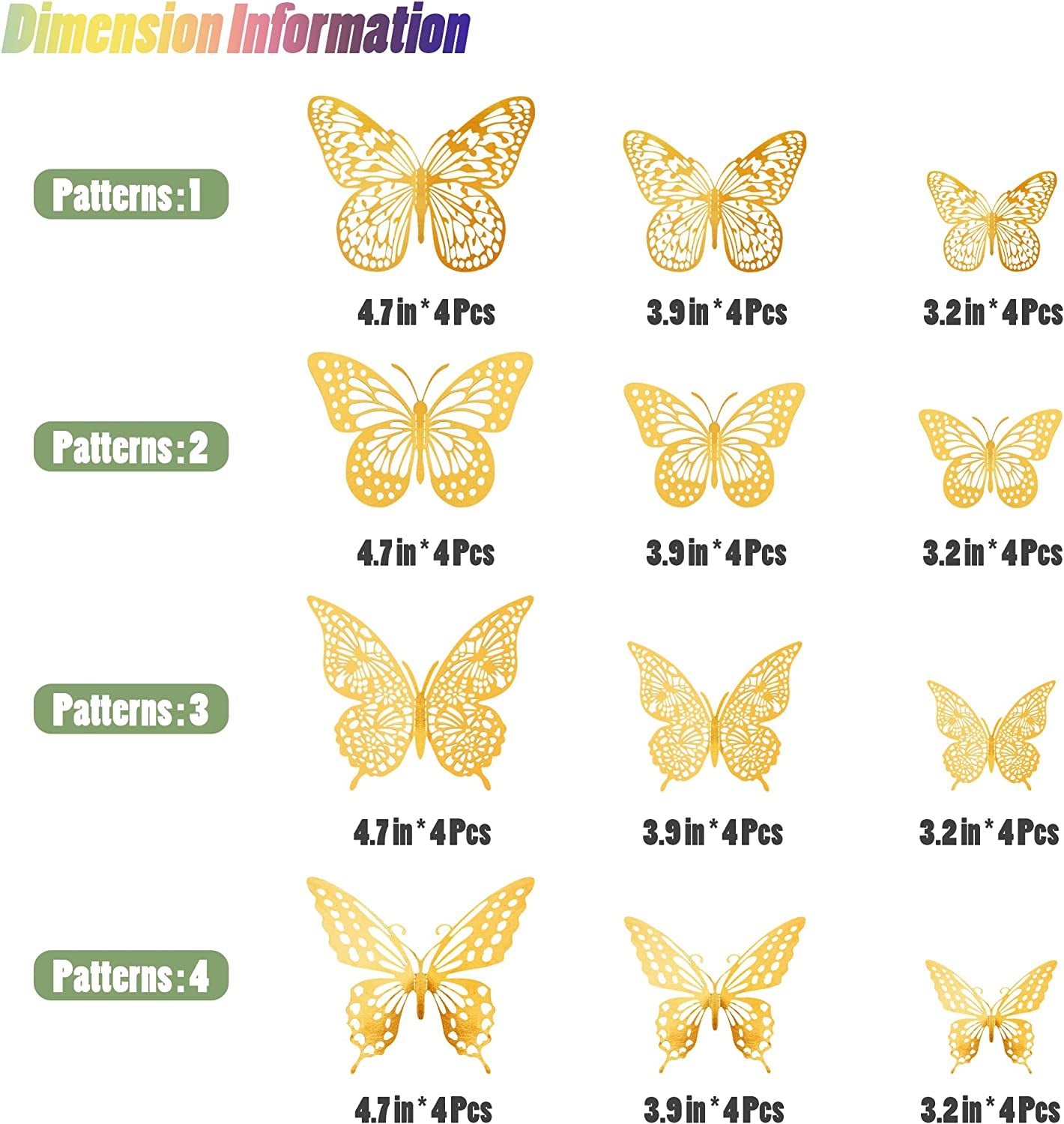 3D Butterfly Wall Decor - 48 Pcs, 4 Styles, 3 Sizes, Gold Butterfly Decorations, Removable Stickers