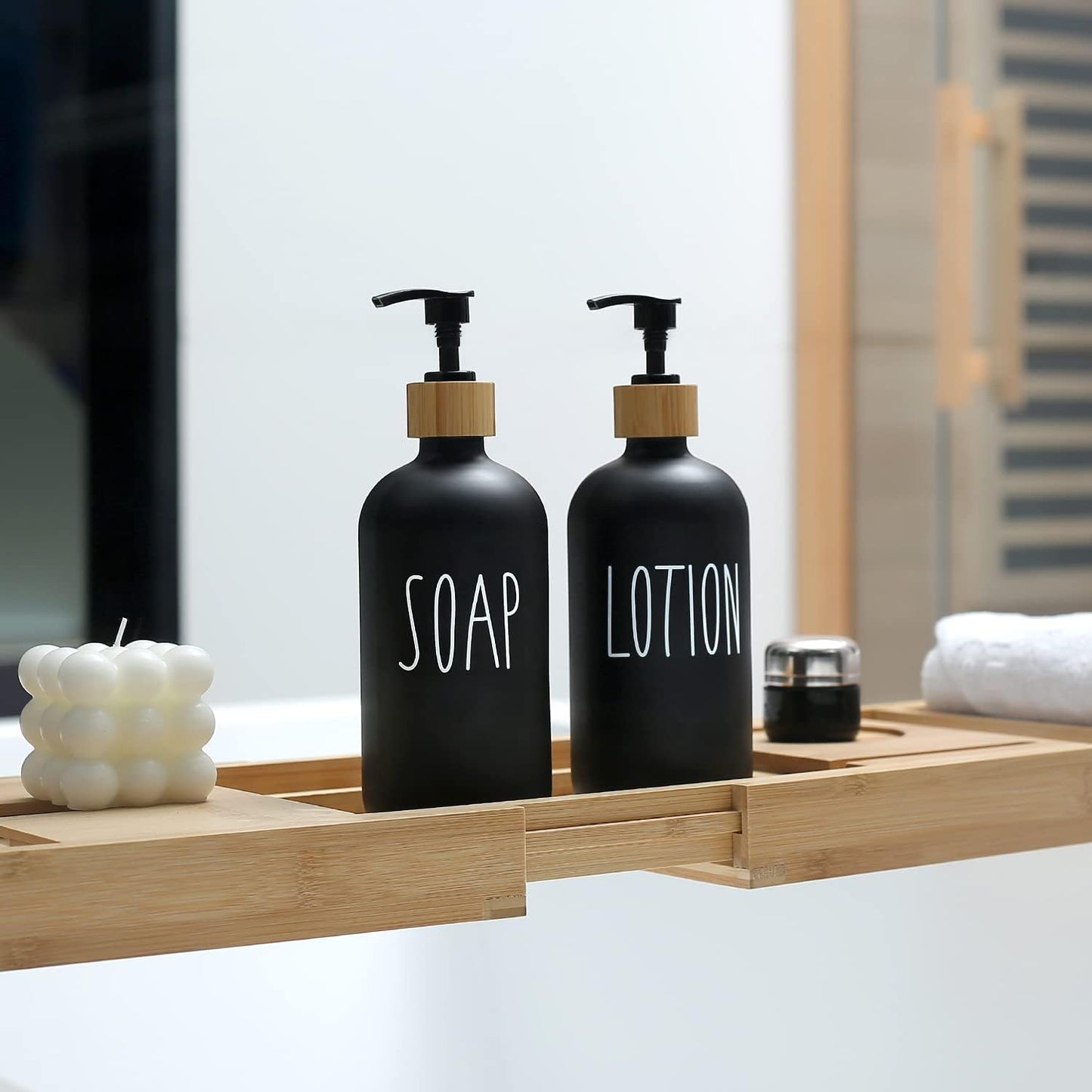 Black Dispenser Bathroom Set With Tray. Hand and Lotion