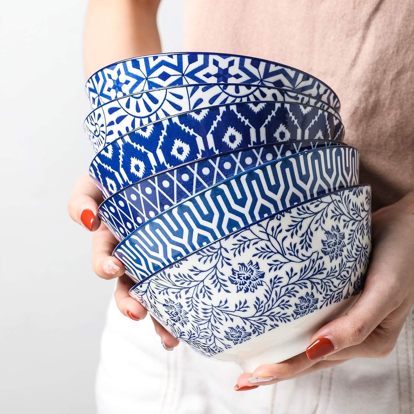 Blue and White Porcelain 20Oz Cereal Bowl Set - Set of 6, 6 Inch Soup Bowls, Vintage Blue