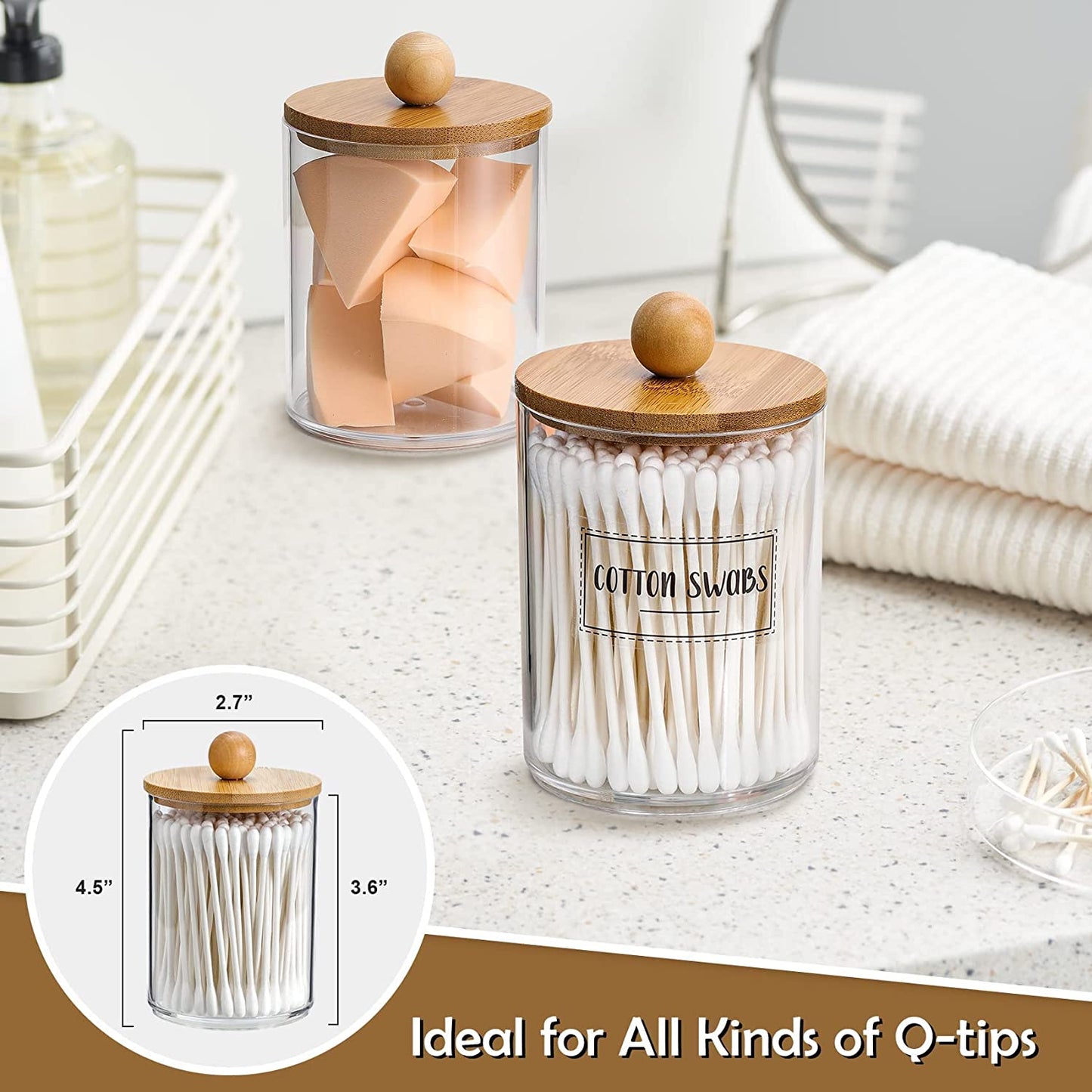 4 Pack Qtip Holder Dispenser with Bamboo Lids - 10 Oz Clear Plastic Apothecary Jar