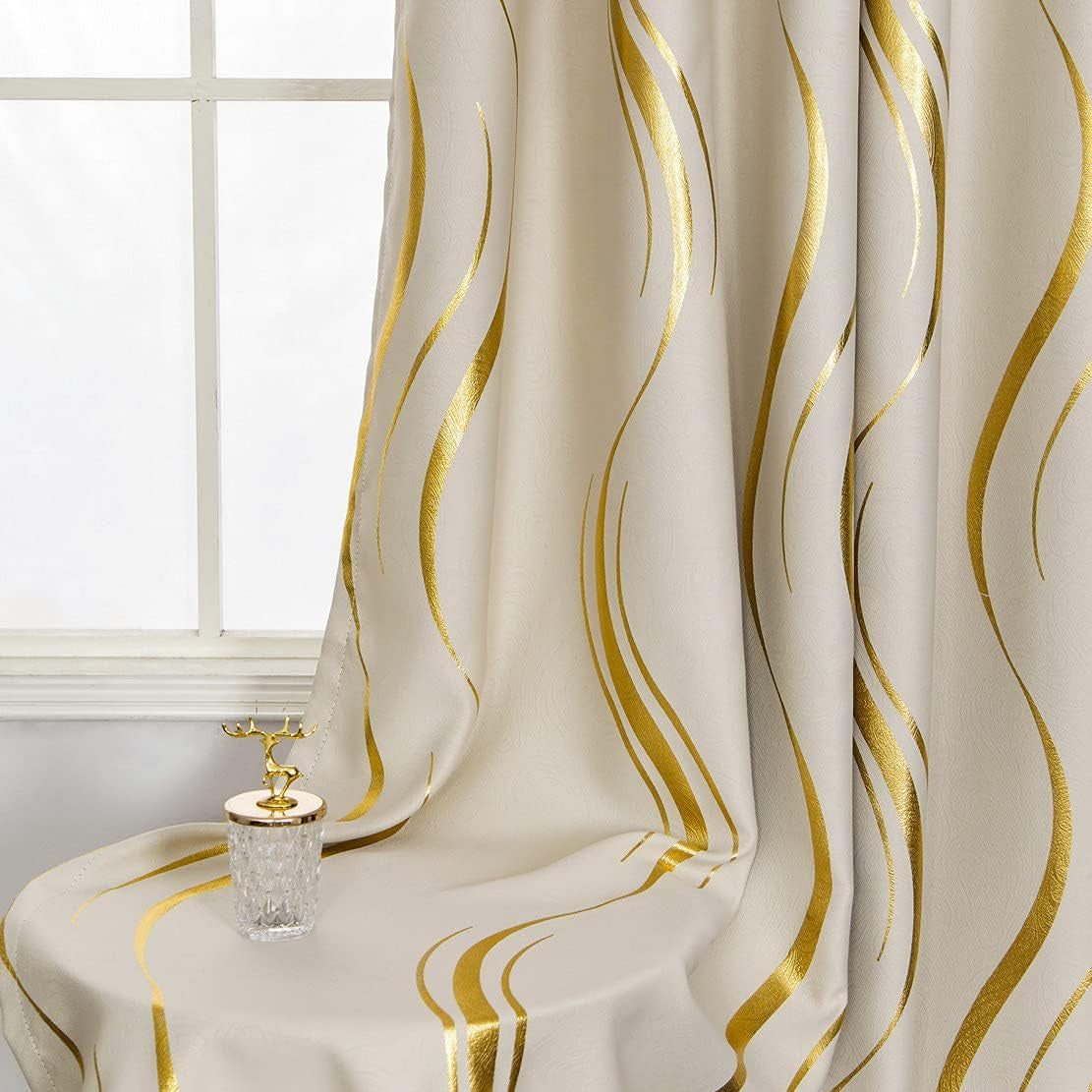 2 Panels Set Foil Print Striped Curtains for Living Room Bedroom (Beige and Gold, 2 X 54Wx84L)