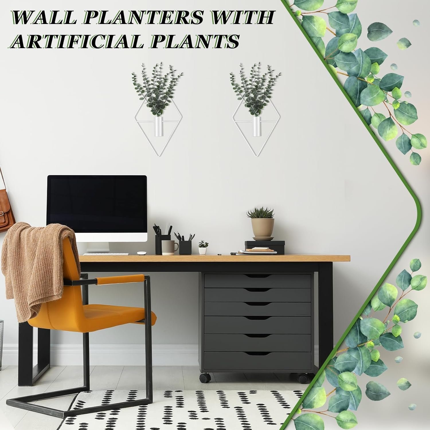 Hanging Planters with Artificial Eucalyptus, Metal Hanging Vase Indoor Plants, Modern Wall Decor (White,4 Pcs)