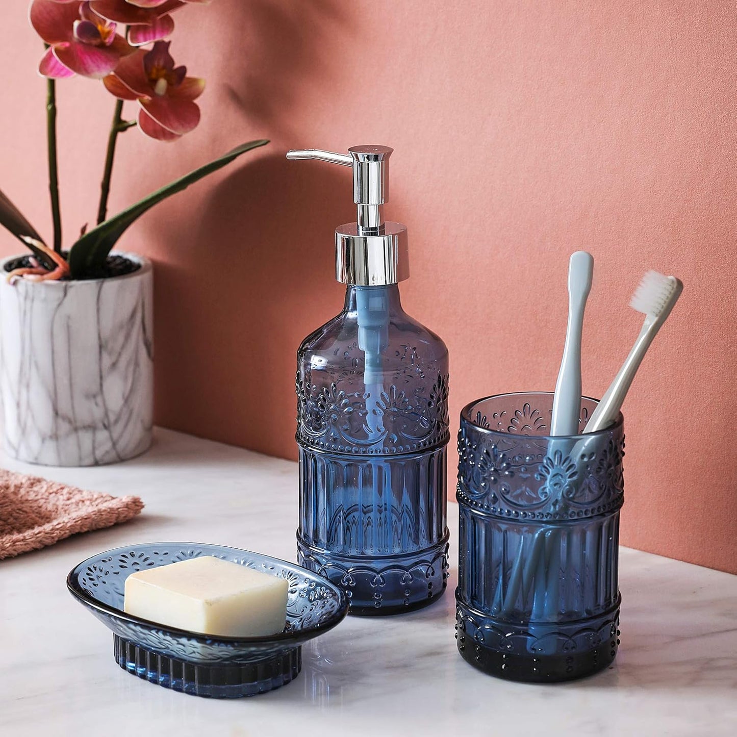 4-Piece Decorative Blue Glass Bathroom Decor Accessories Set