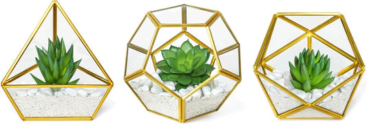 Artificial Succulent in 3 Pack Mini Glass Geometric Terrarium, Miniature Potted Faux Plant Bookshelf Desk, Gold