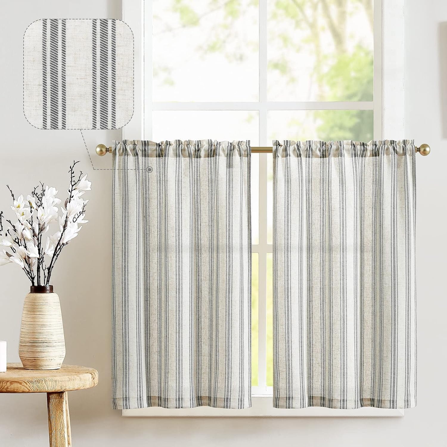 Linen Striped Kitchen Curtains 24 Inch Farmhouse Small Cafe Curtains Balanced Stripe Half Window, 2 Panels Black on Beige