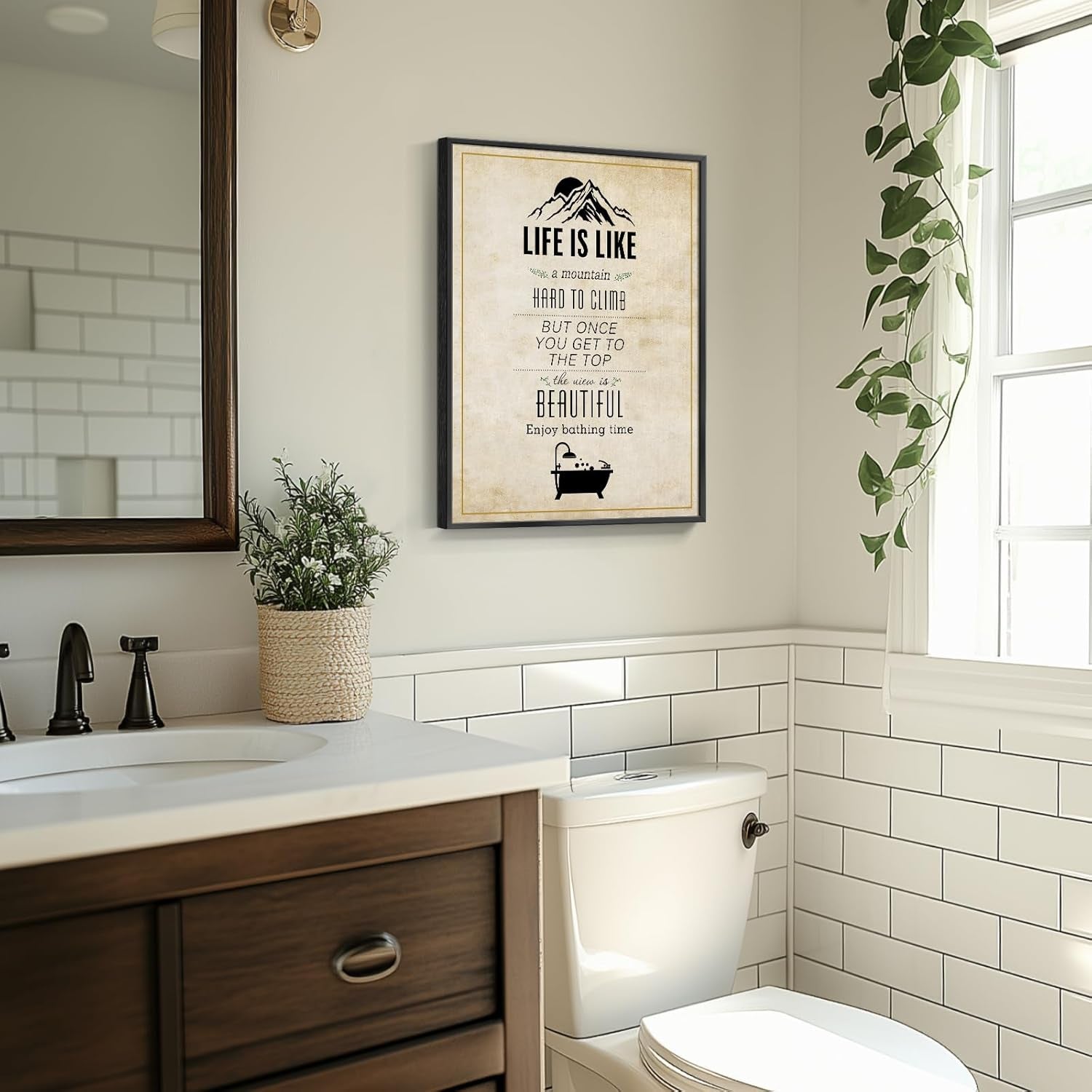 Framed Bathroom Wall Art Decor, Rustic Inspirational Canvas Painting Print Artwork, Neutral Black and White