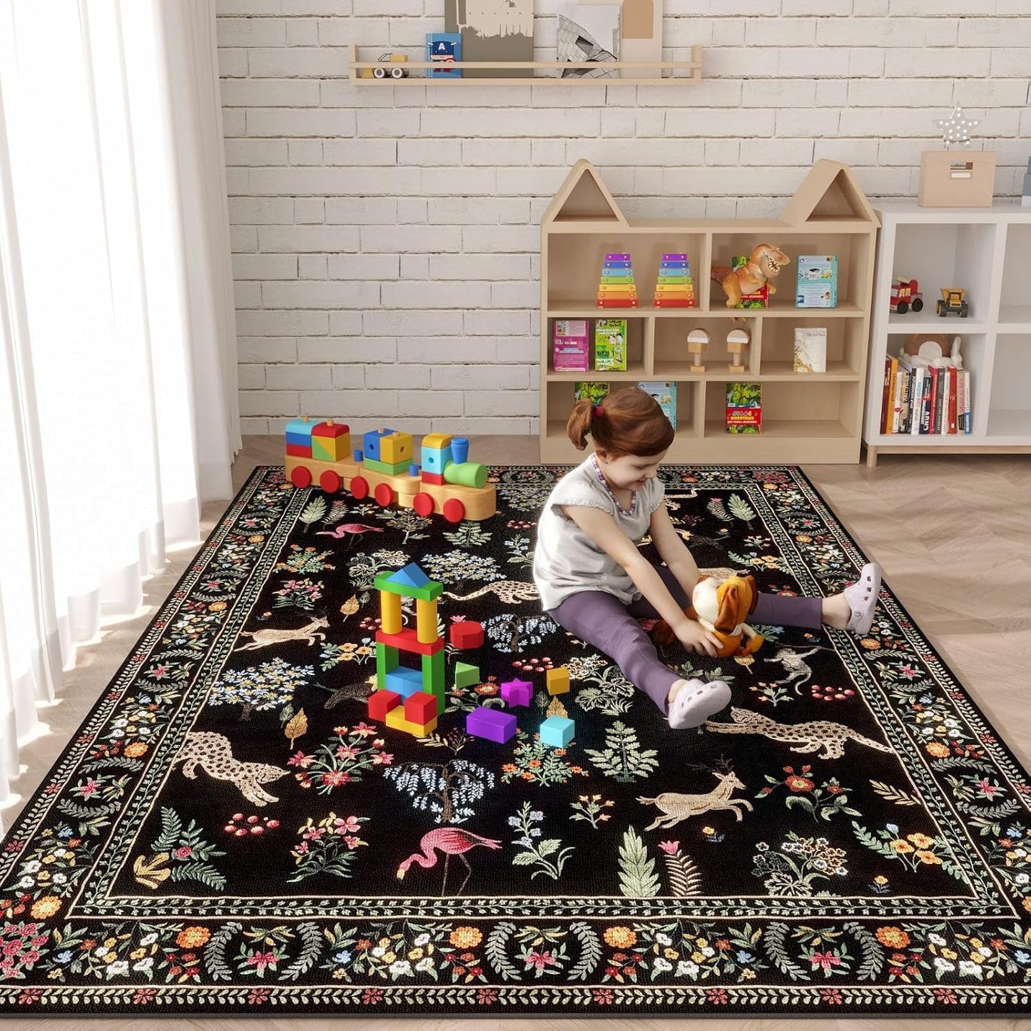 Living Room Rug 5X7 Rug Machine Washable Boho Area Rug Non-Slip Floral Animal Vintage (Black)