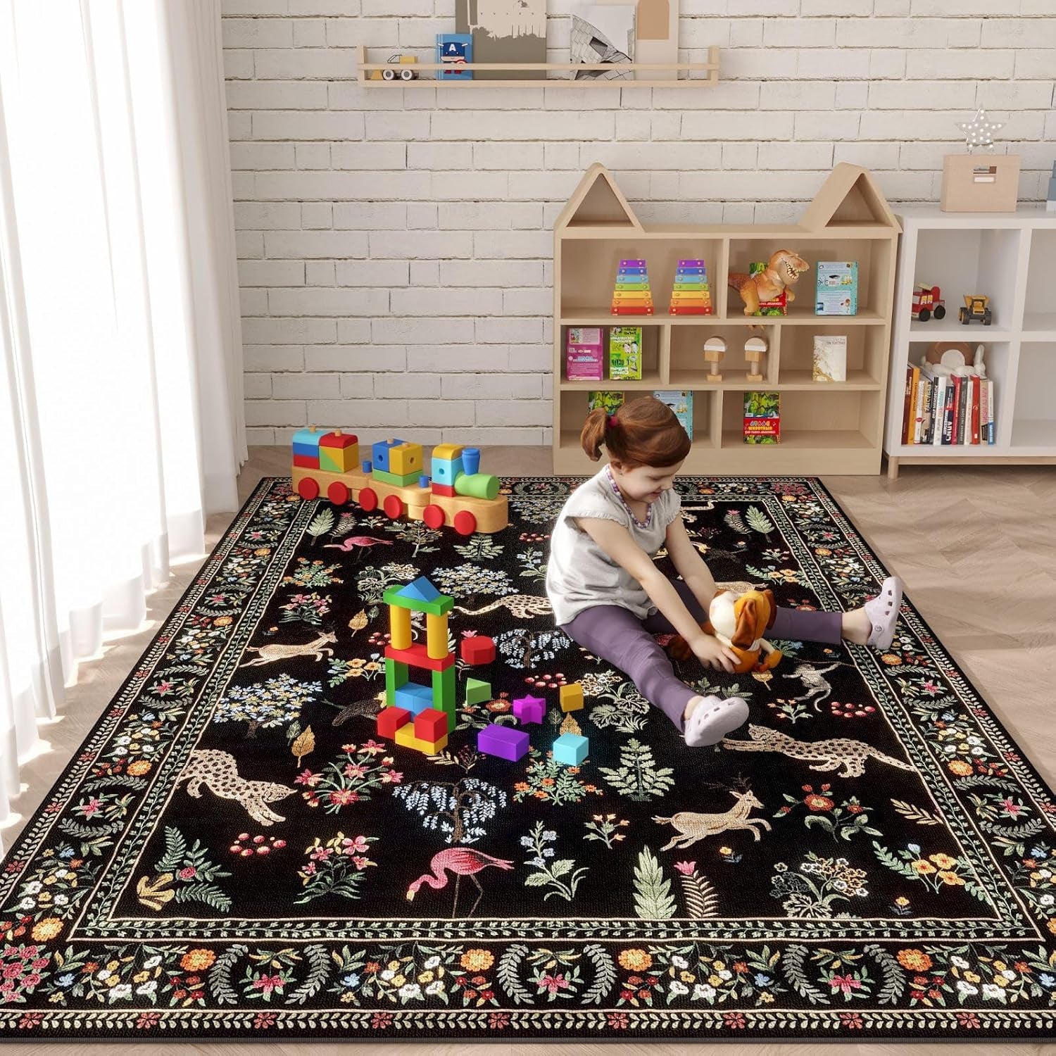 Living Room Rug 5X7 Rug Machine Washable Boho Area Rug Non-Slip Floral Animal Vintage (Black)