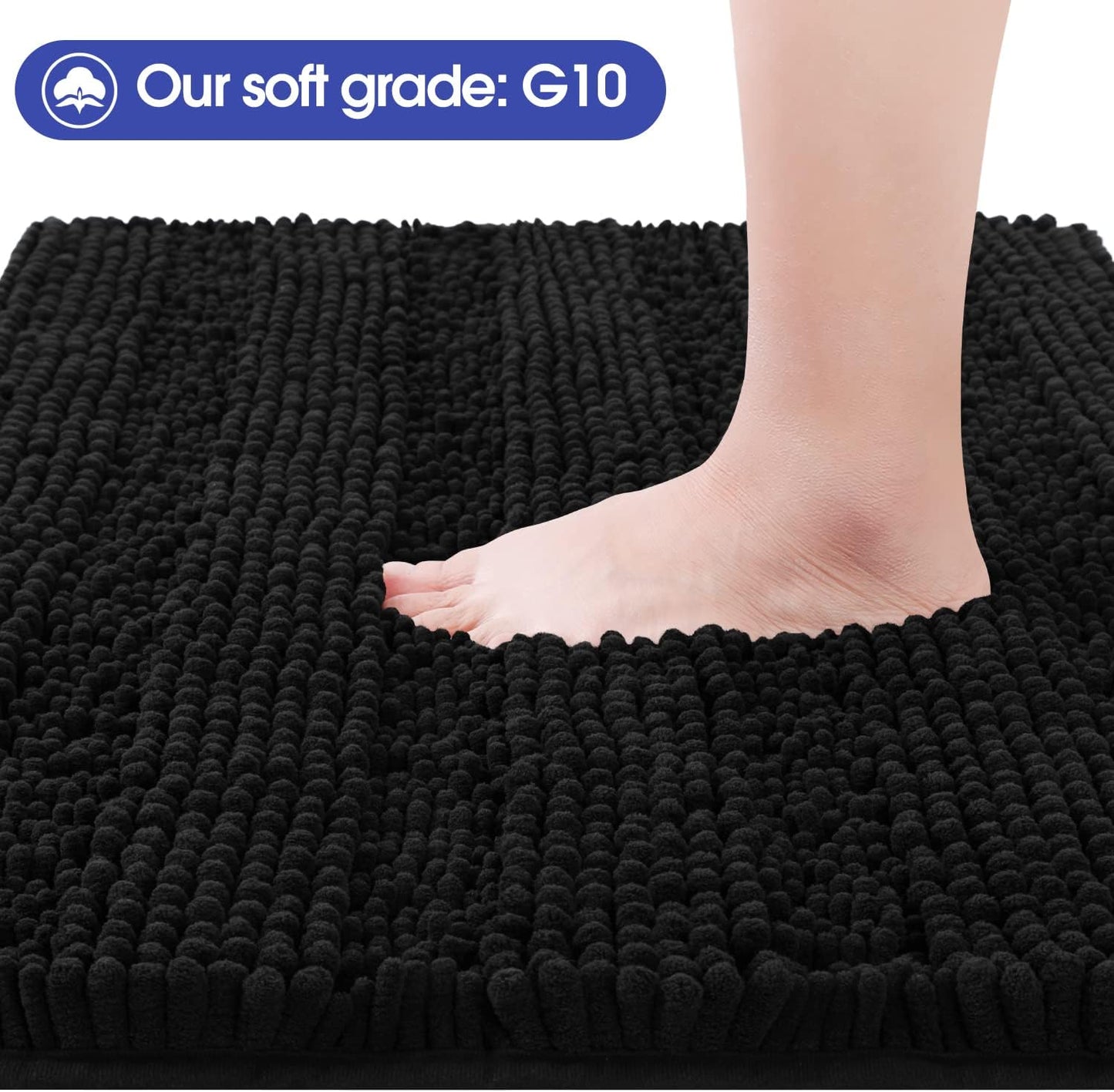 Striped, Black Bathroom Rug Set 3 Pieces Ultra Soft, Non-Slip Chenille Toilet Mat, Absorbent Plush Shaggy