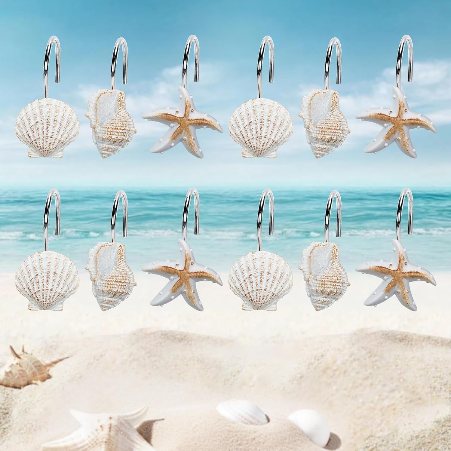 12-Pack Coastal Shower Curtain Hooks – Decorative Seashell, Starfish & Conch Design, Rust-Proof Stainless Steel