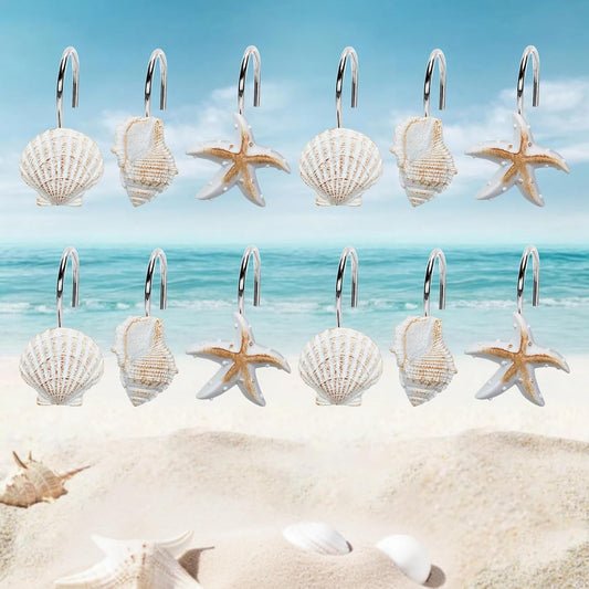 12-Pack Coastal Shower Curtain Hooks – Decorative Seashell, Starfish & Conch Design, Rust-Proof Stainless Steel