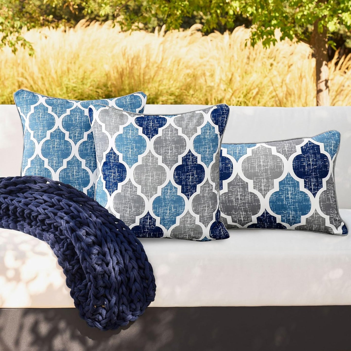 Throw Pillowcover Soft Chenille Print Moroccan Geometric 2-Sided Pattern Blue and Gray 20X20 Inch, Set of 2