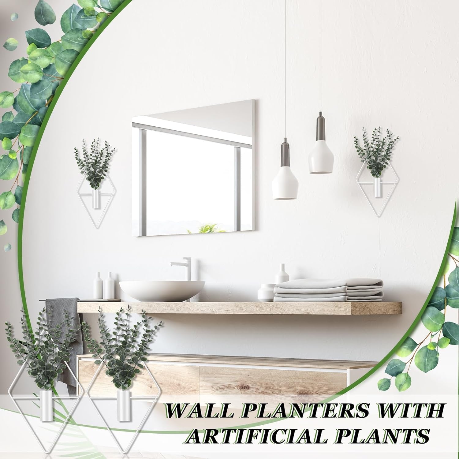 Hanging Planters with Artificial Eucalyptus, Metal Hanging Vase Indoor Plants, Modern Wall Decor (White,4 Pcs)