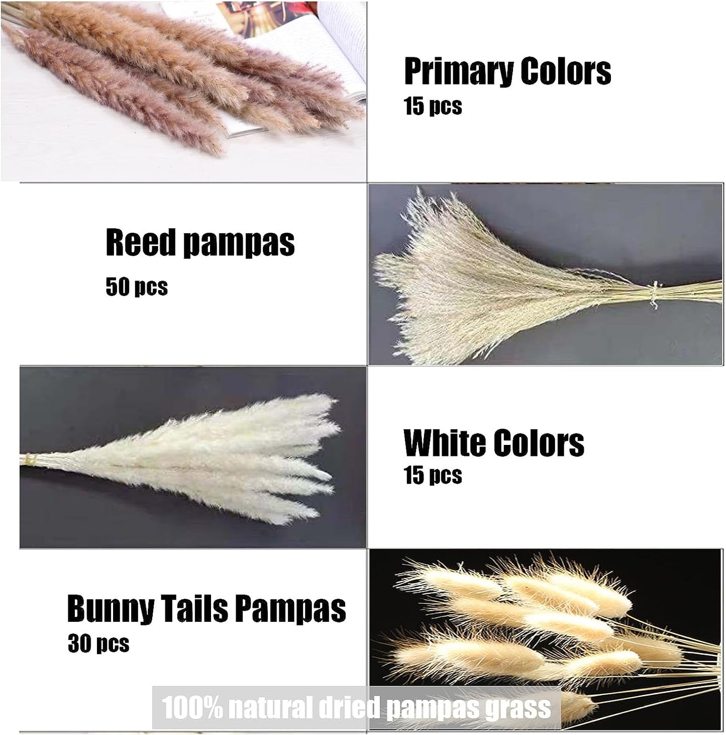 Pampas Grass Decor 110 Pcs 17.5Inch Natural Dried Pampas Grass-15Pcs White Pampas & 15Pcs Brown Pampas & 50Pcs Reed Grass& 30Pcs Bunny Tail Grass,Fluffy Dried Flowers for Home Decor Wedding Boho Decor