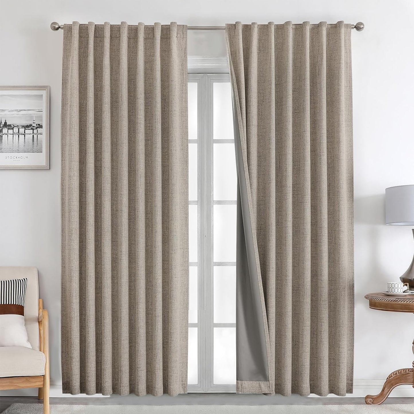 Natural Linen Curtains 2 Panels Set100% Blackout Thermal Insulated (52X84 Inch,Linen)