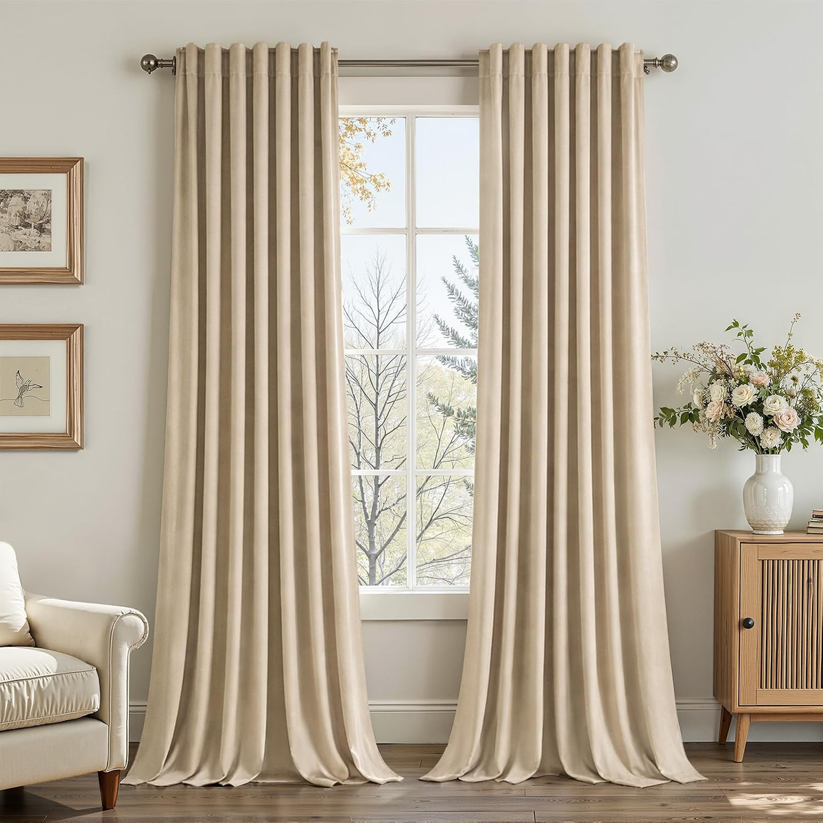 Beige Velvet Blackout Curtains 84 Inch – Neutral Boho Thermal Drapes for Bedroom & Living Room, 2 Panels (52"W x 84"L)