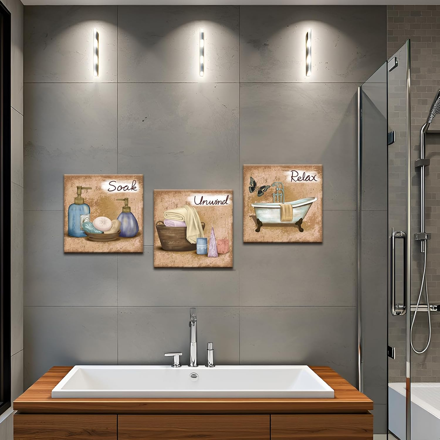 Brown Bathroom Wall Art Relax Soak Unwind Canvas Bathroom Painting Pictures for Bathroom Decor Framed Ready to Hang