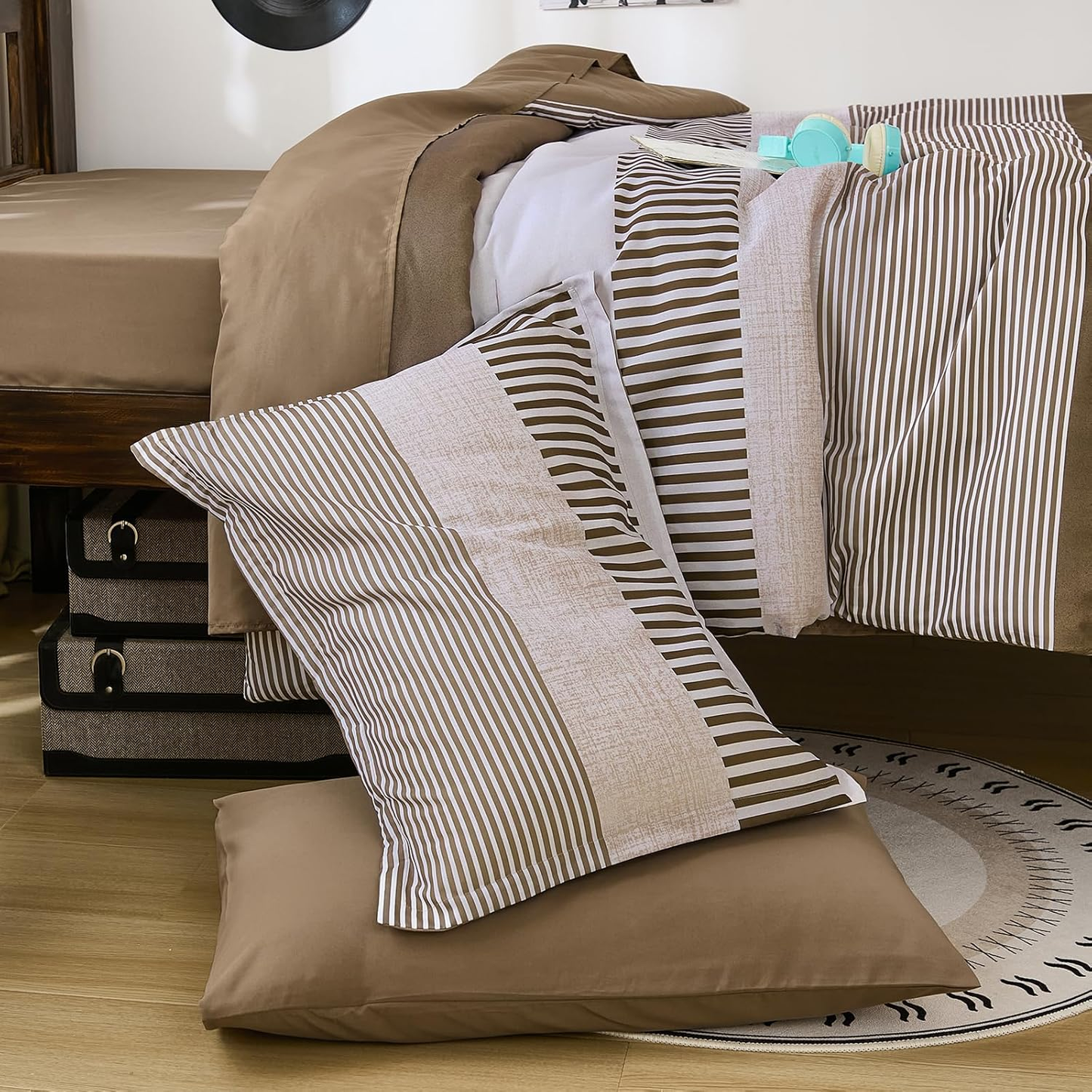 Brown Comforter Set Twin Size, Classic Striped Comforters for Girls/Boys,5 Pieces Bed in a Bag Simple Neutral-Style