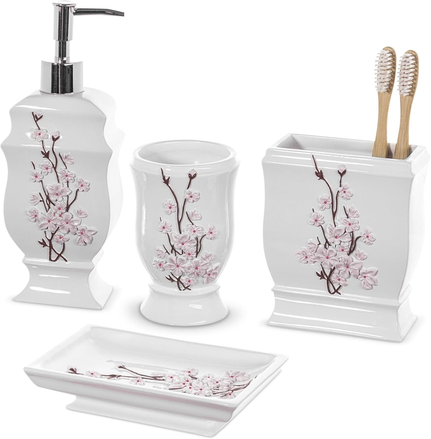 Cherry Blossom White Bathroom Accessories Set - 4 Piece Set Includes: Lotion Dispenser, Toothbrush Holder, Tumbler & Soap Dish