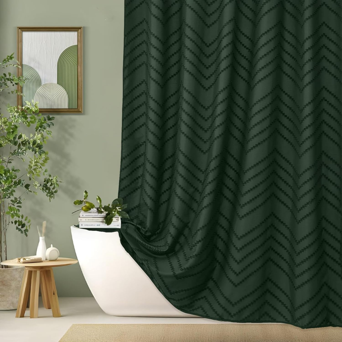 Dark Green Boho Shower Curtain 72x72 Inch – Woven Fabric Bathroom Curtain
