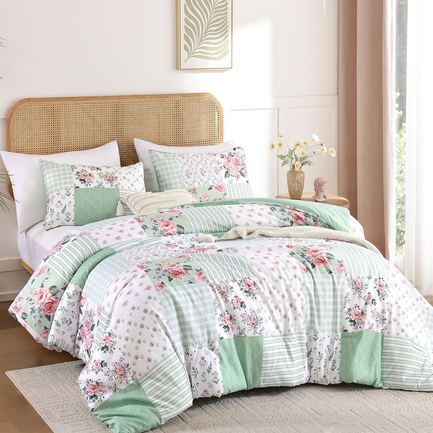 Twin Comforter Set - Green Spring Floral Comforter Twin Size Patchwork Flower Cozy Bedding Set 2 Pieces for All Season