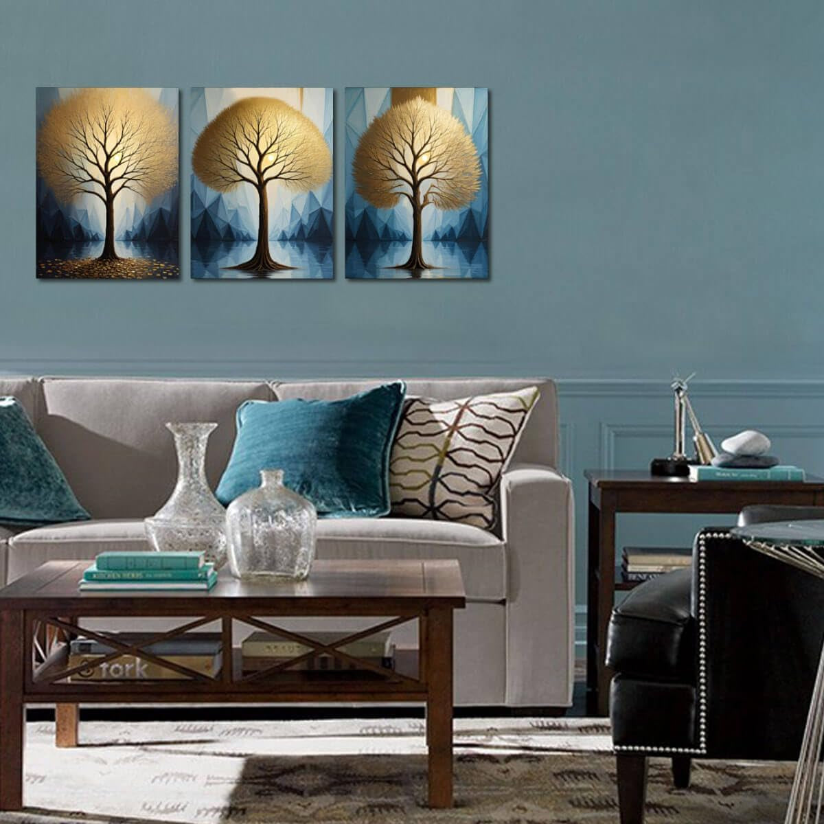 Tree Wall Art Gold Heart Shape Landscape Tree of Life Painting Teal Geometric Mountain Framed, 12"X16"X3 Panels