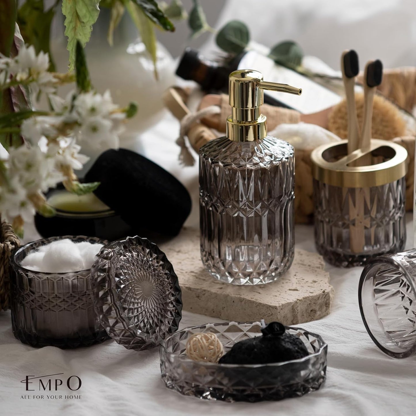 6PCS Bathroom Gray Glass Accessories Set