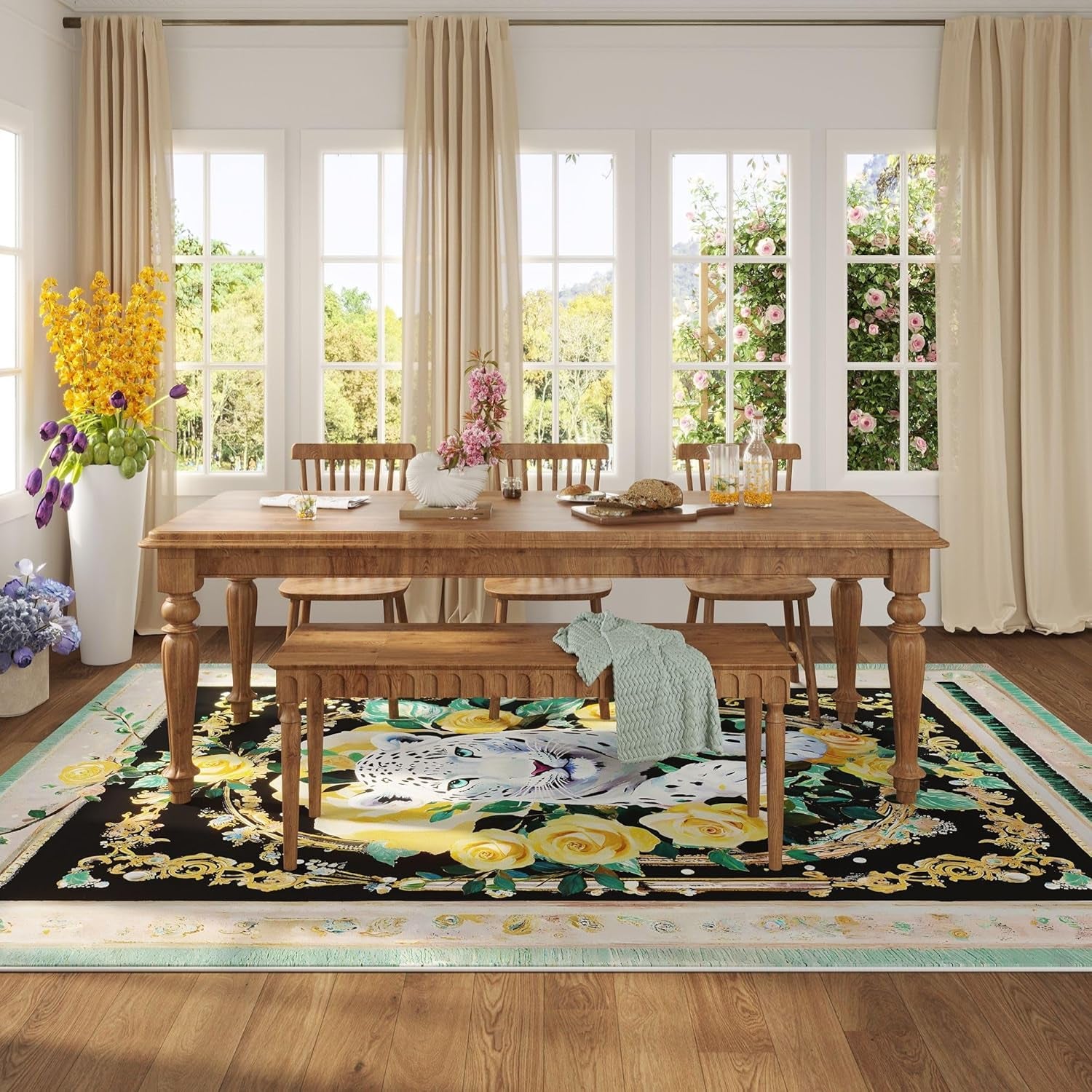 Living Room Rug 5X7 Rug Machine Washable Retro Lavish Leopard Area Rug