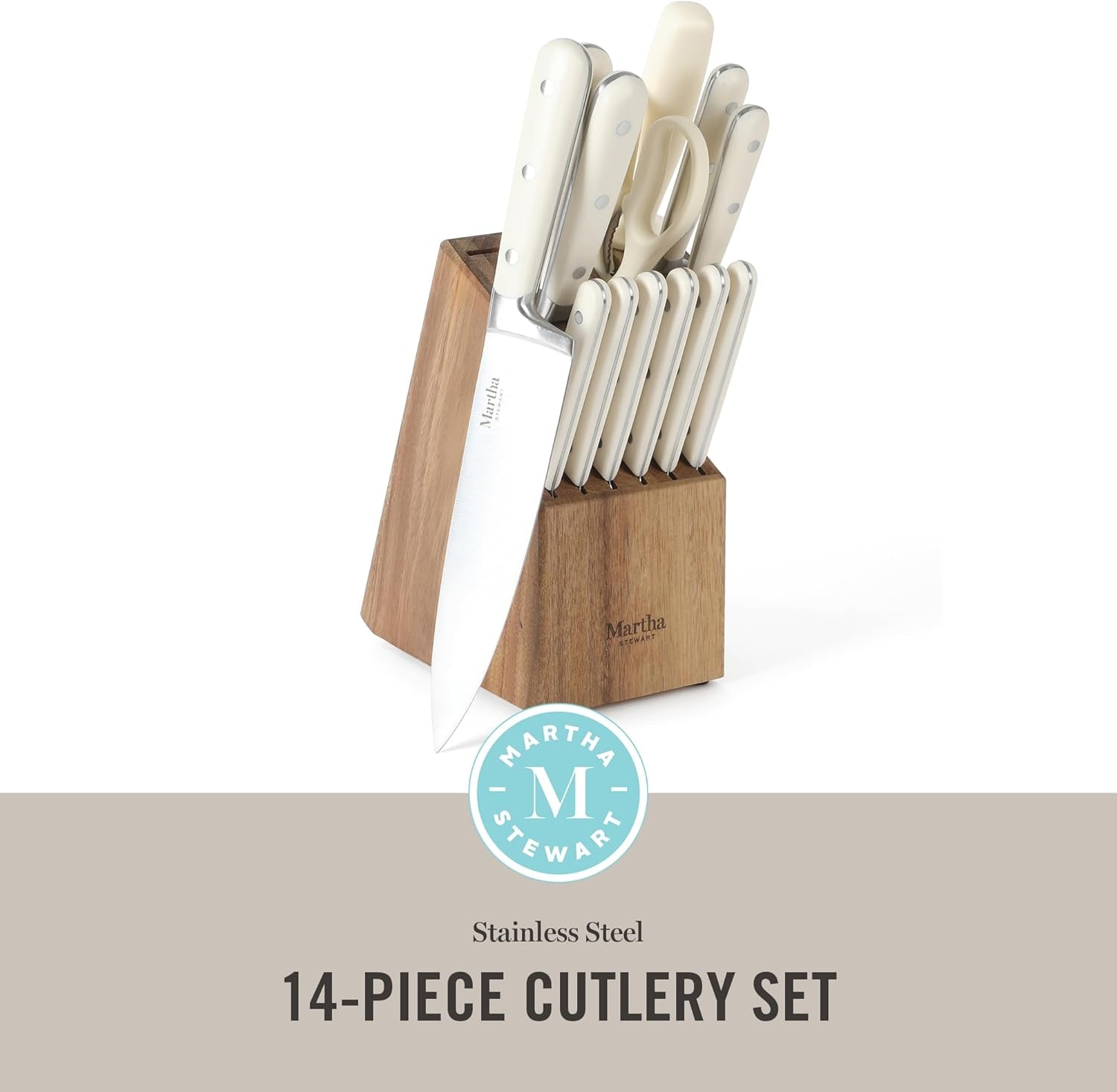 Eastwalk 14 Piece High Carbon Stainless Steel Cutlery Kitchen Knife Block Set W/Abs Triple Riveted Forged Handle Acacia Wood Block - Linen White