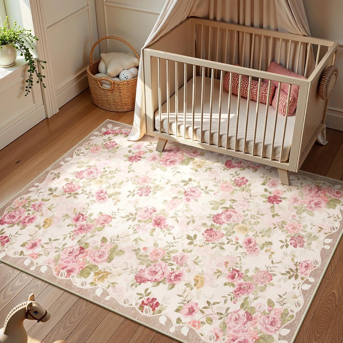 Floral Washable Rugs 5X7, Rugs for Living Room Boho Area Rug, Vintage (5'X7, Beige)