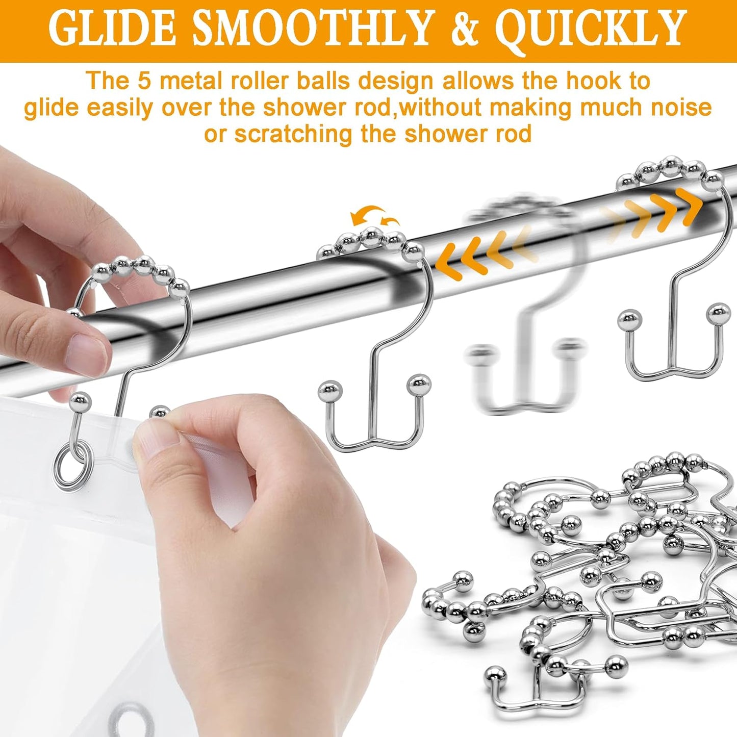 Shower Curtain Hooks,12 Pcs Rustproof Metal Shower Curtain Rings, Free Sliding Double Shower Hooks for Shower Curtain & Liners(Silver)